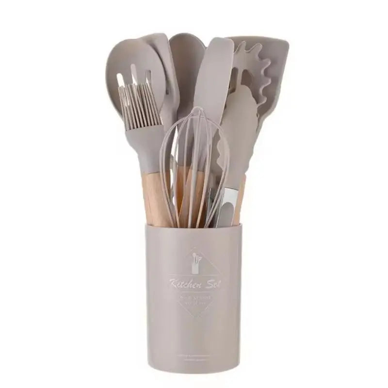 12-Piece Silicone Kitchen Utensil Set – Wood Handle & Storage