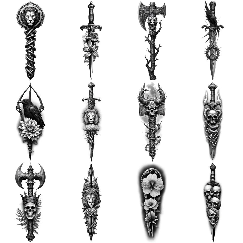 12pcs Realistic Temporary Tattoos – Skull, Flower, Crow & Dragon