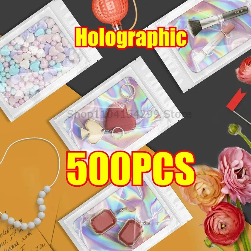 500 Pcs Holographic Ziplock Bags – Laser Iridescent Jewelry Storage