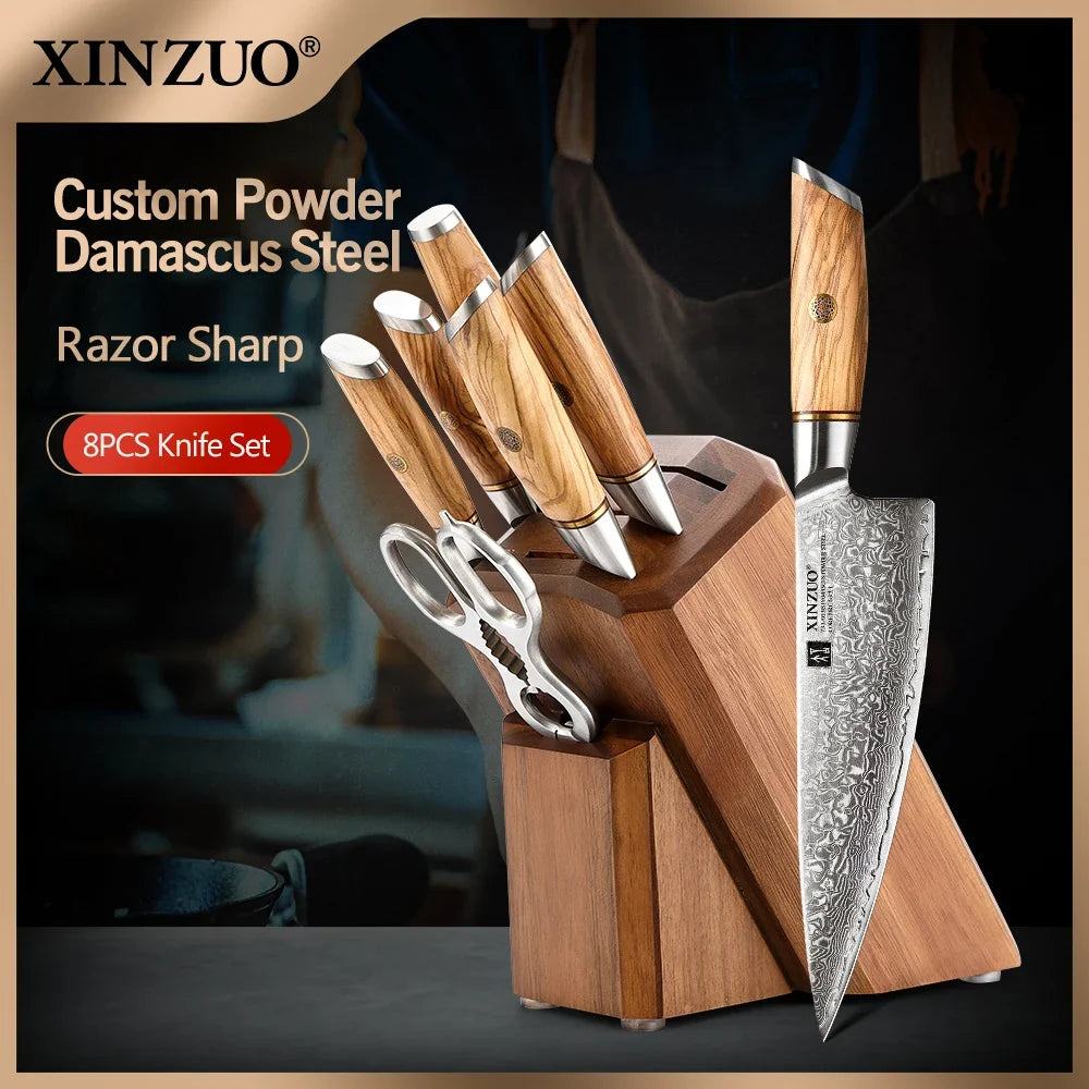 XINZUO 8-Pc Damascus Steel Knife Set – Olive Wood Handles