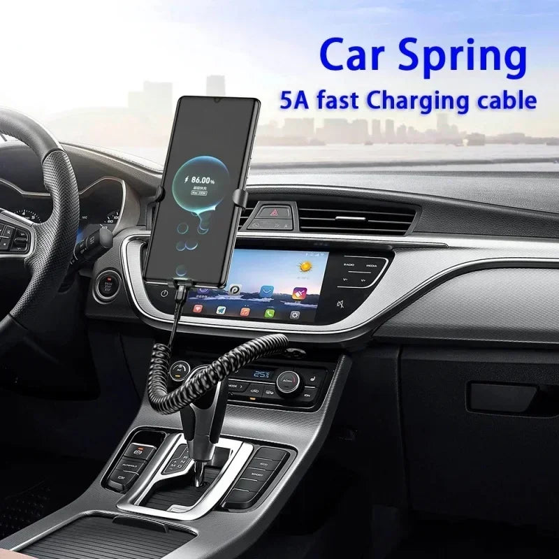 66W 5A Retractable USB-C Fast Charging Spring Car Cable