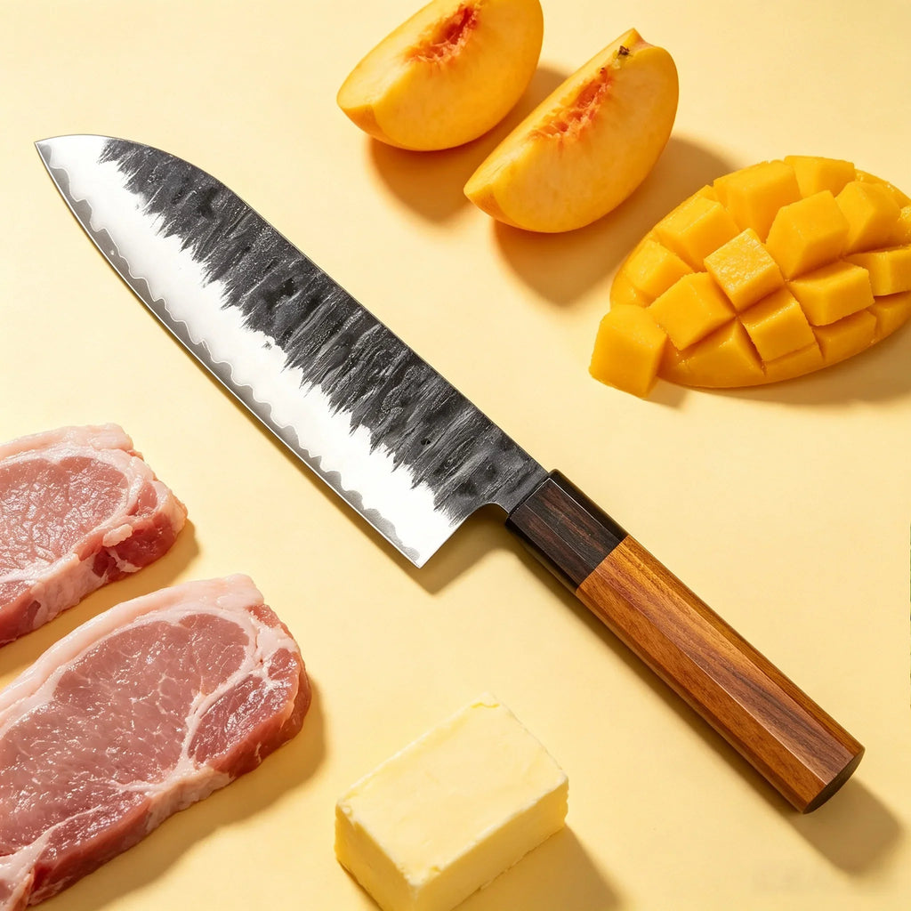 Premium Japanese Santoku Knife – Clad Steel, Wood Handle