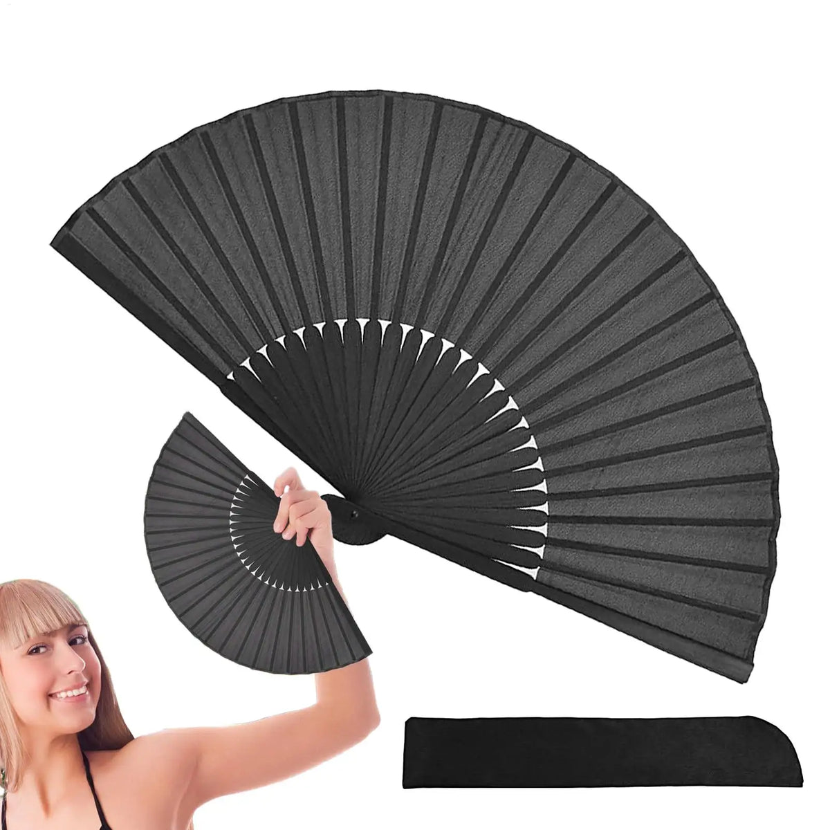Folding Hand Fan Portable Black Silk Chinese Vintage Classic Cool
