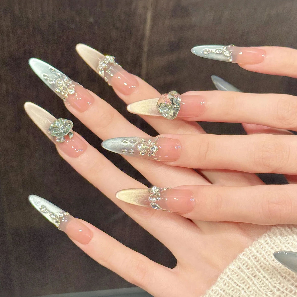 Aurora Cat's Eye Press On Nails | K9 Diamond French Tips 10pc