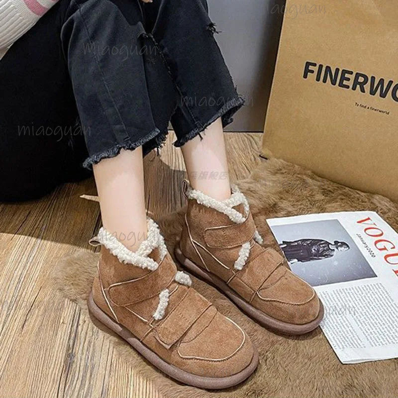 Women's Faux Suede Snow Boots – Fur-Lined Flat Ankle Booties