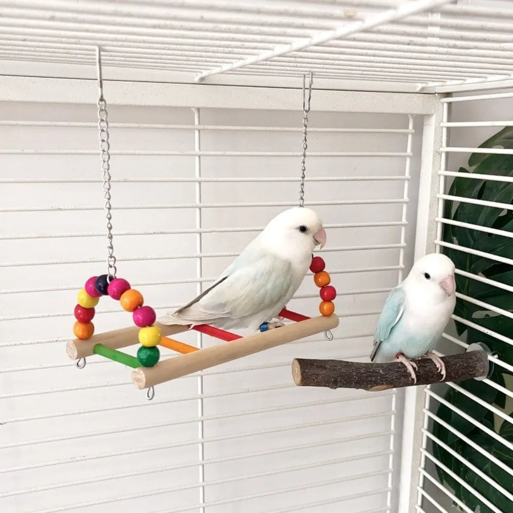 Wooden Parrot Swing Perch Stand with Colorful Beads | Bird Cage
