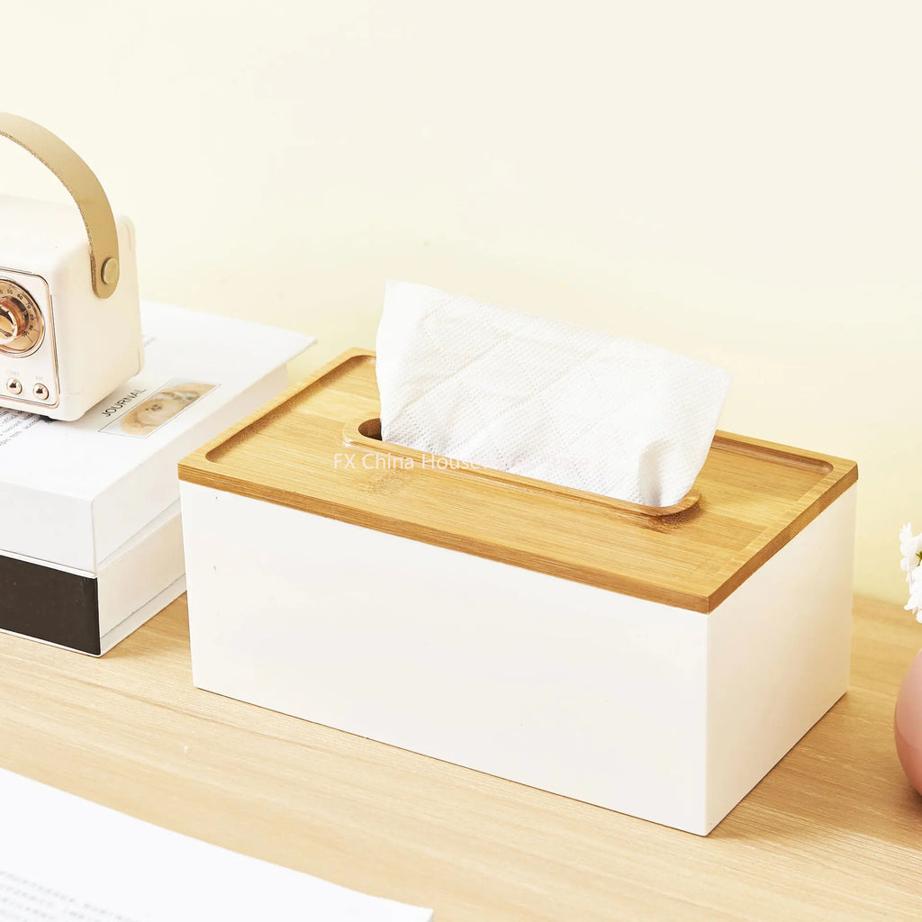 Japanese Bamboo Lid Tissue Box Holder Plastic Desktop Organizer