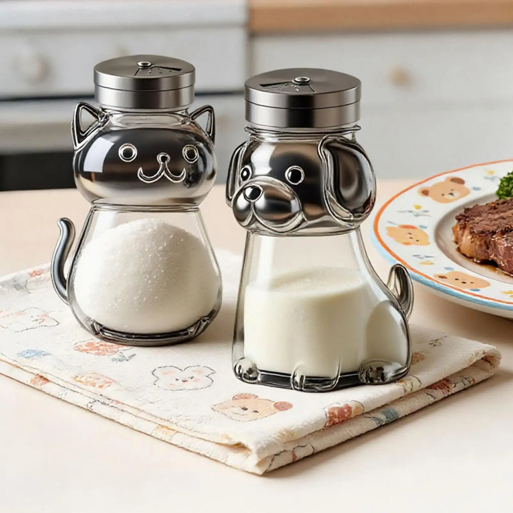 Cute Animal Glass Salt Shaker with Lid | Cat & Dog Design