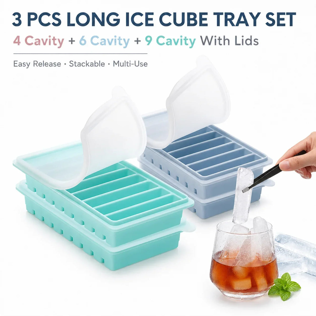 3-Piece Silicone Long Ice Cube Tray Set with Lids | Ice Stick Maker