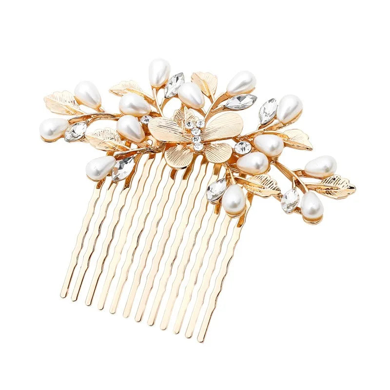 Pearl Bridal Hair Comb – Gold Leaf Wedding Headpiece