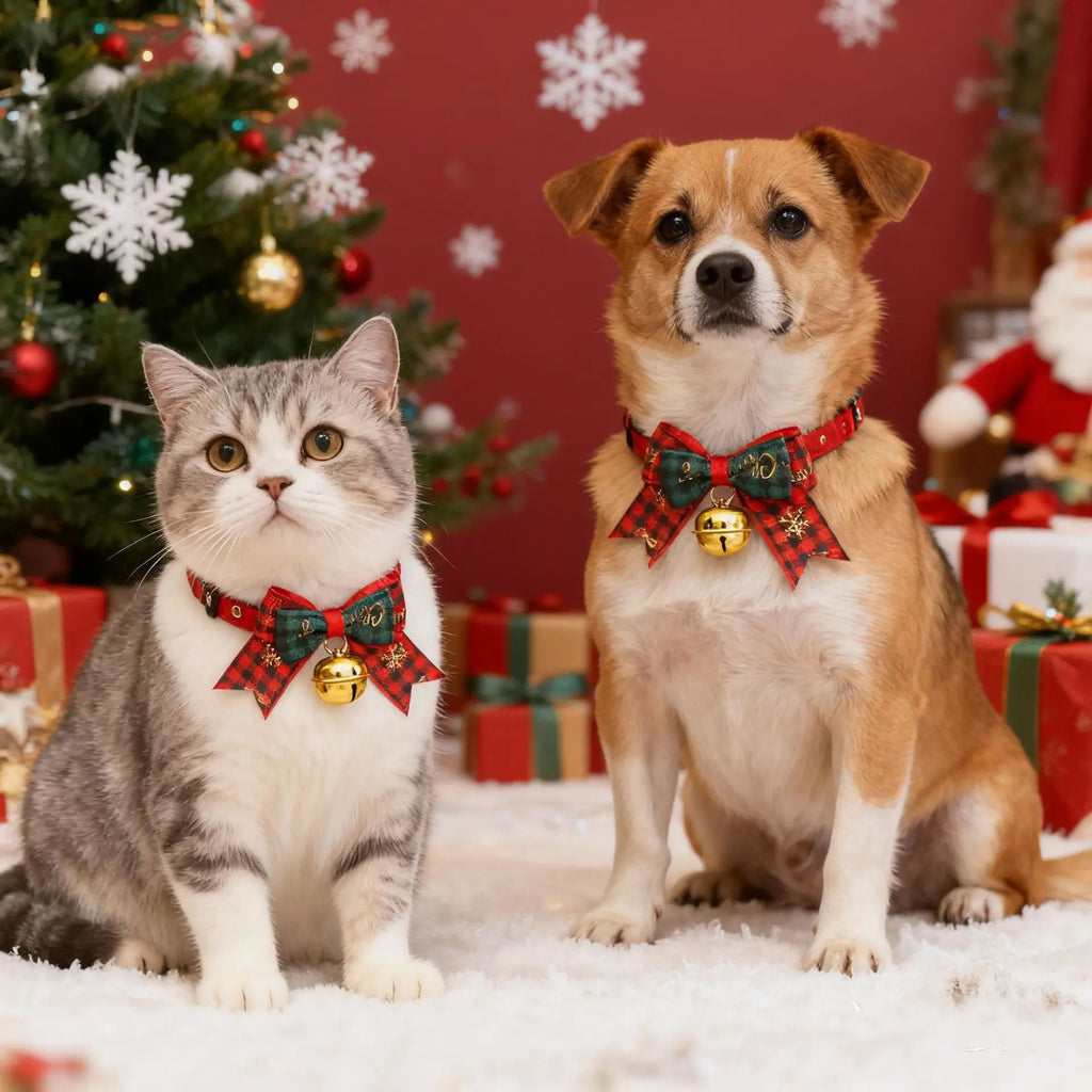 Christmas Pet Collar Bell Bow Red Green Themed Adjustable Dog Cat