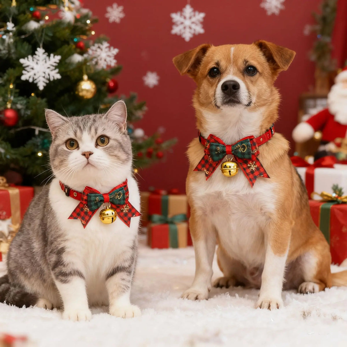 Christmas Pet Collar Bell Bow Red Green Themed Adjustable Dog Cat