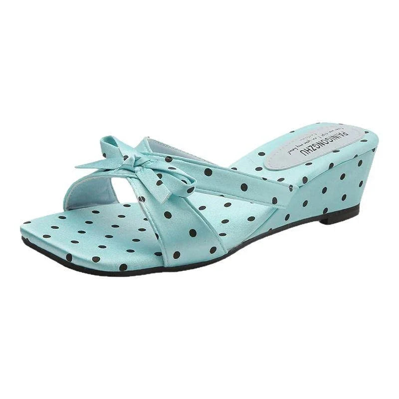 Satin Butterfly-Knot Women's Block Heel Slippers – Polka Dot