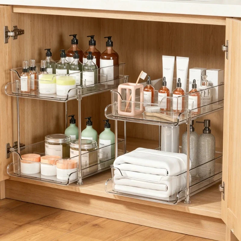 2 Tier Under Sink Organizer Sliding Cabinet Basket Drawer Storage