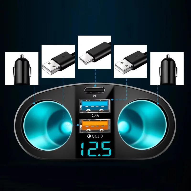 Dual-Port Car Charger PD 20W QC 3.0 with Digital Display