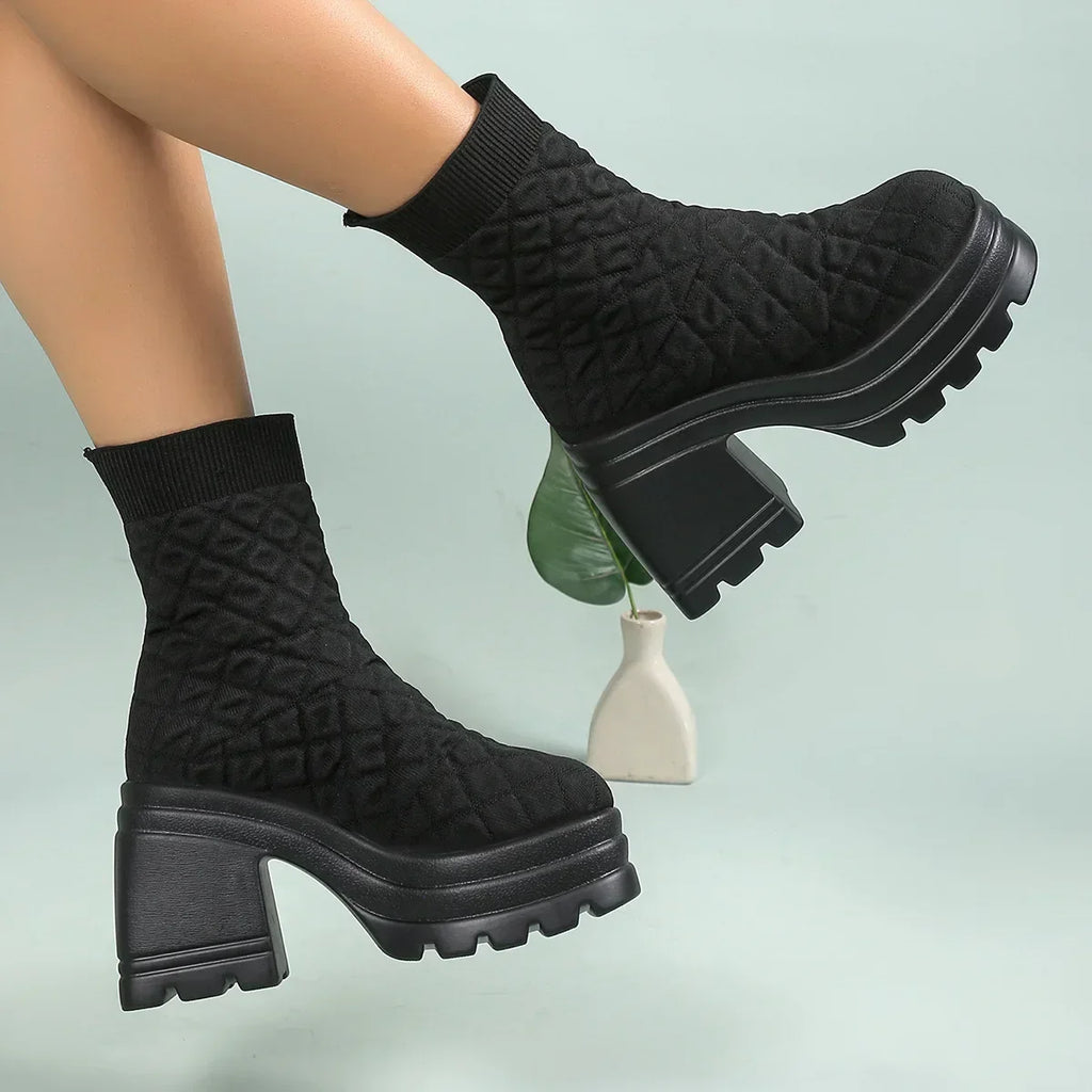 Women's Chunky Knit Platform Ankle Boots – Square Heel Slip-On