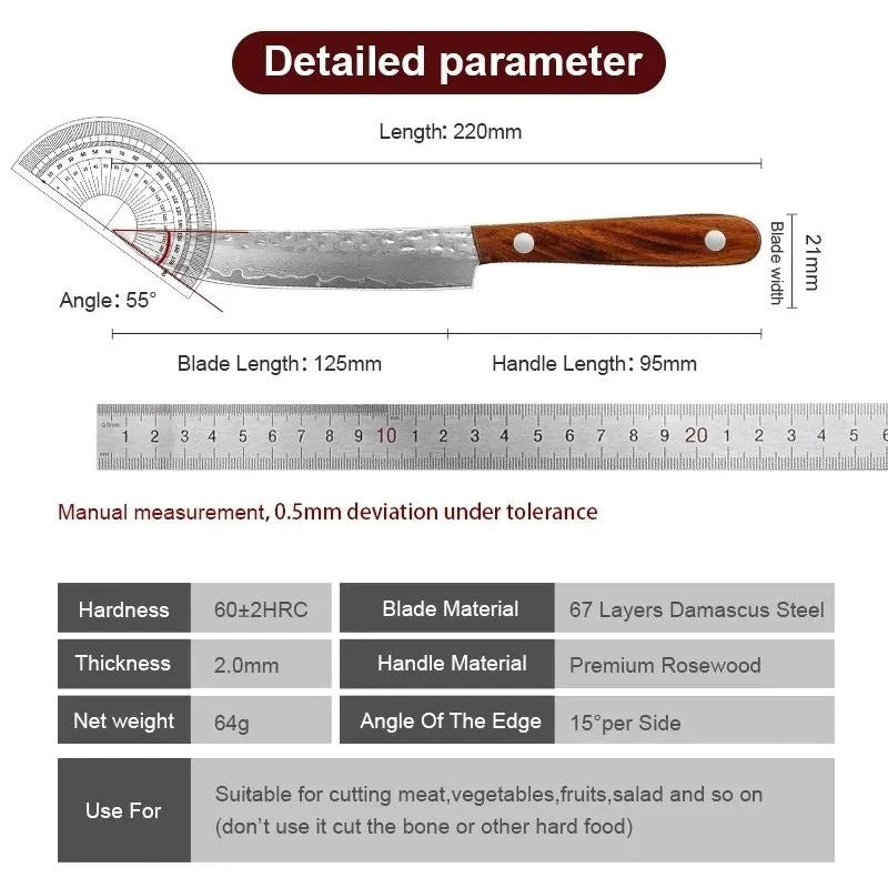 67-Ply Damascus Steel Fruit Knife – Solid Wood Handle