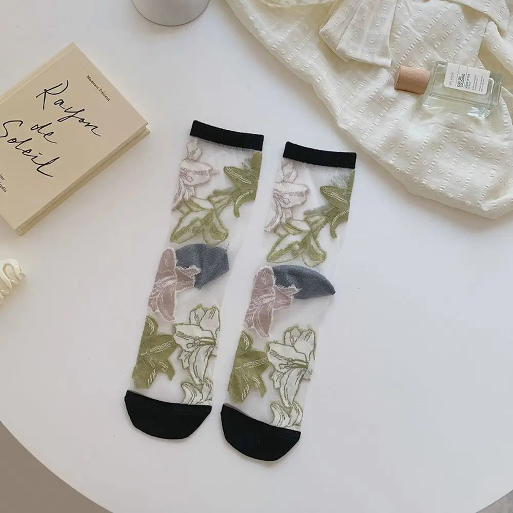 Korean Floral Mesh Tube Socks – Sheer Embroidery Women's Socks