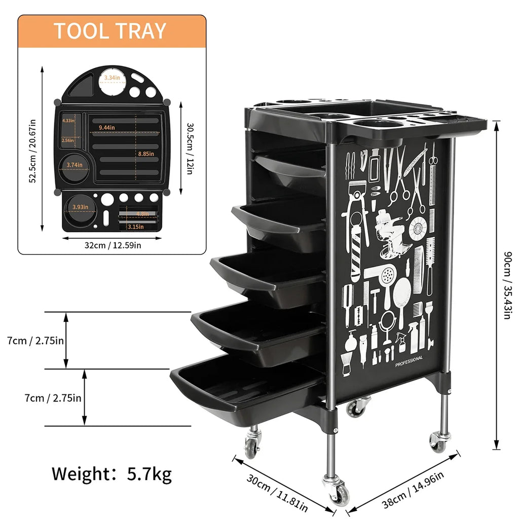 5-Drawer Rolling Salon Cart | Hairdresser Trolley on Wheels