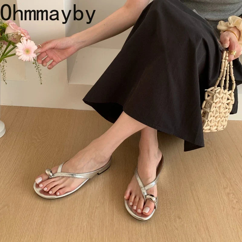 Women's Metal Clip Toe Slide Slippers | Square Heel Flip Flops