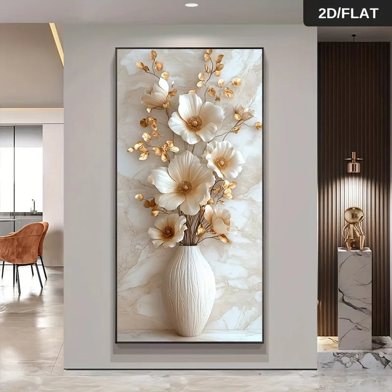 Modern Floral Canvas Wall Art – Beige & Gold Vase Flowers Print