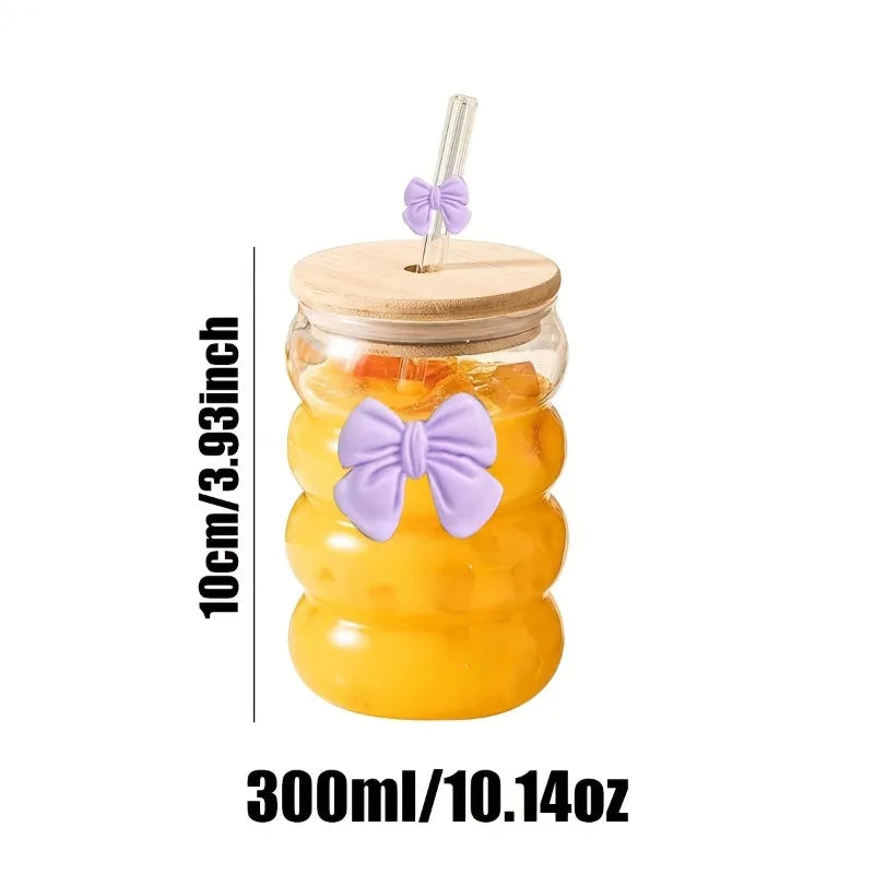 KEMORELA 300ml Butterfly Glass Cup with Lid & Straw