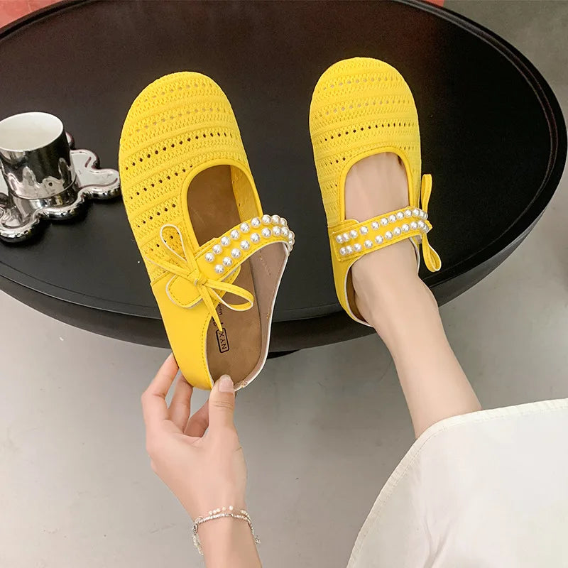 Women's Hollow Knit Bohemian Slippers – Beaded Bow Loafers