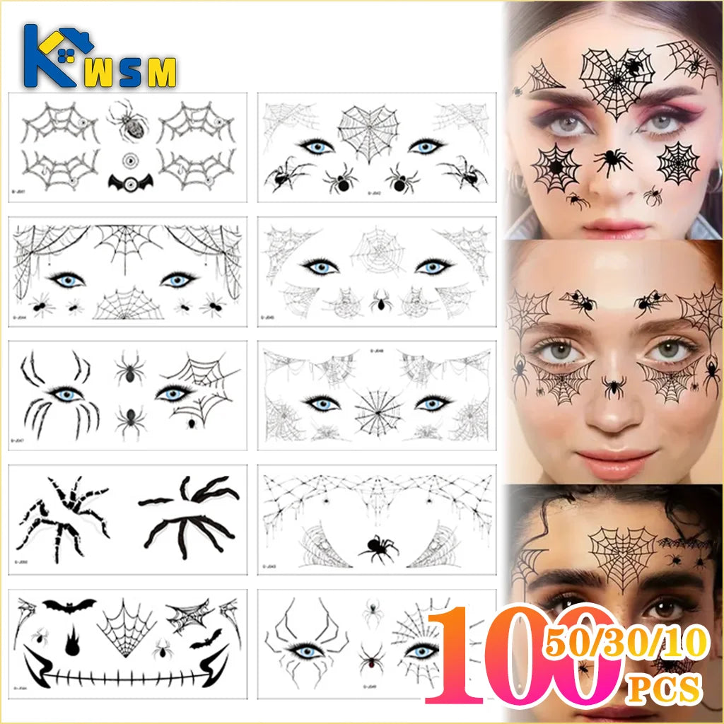 Halloween Temporary Tattoo Stickers – Spider, Bat & Skull | 10-100 PCS