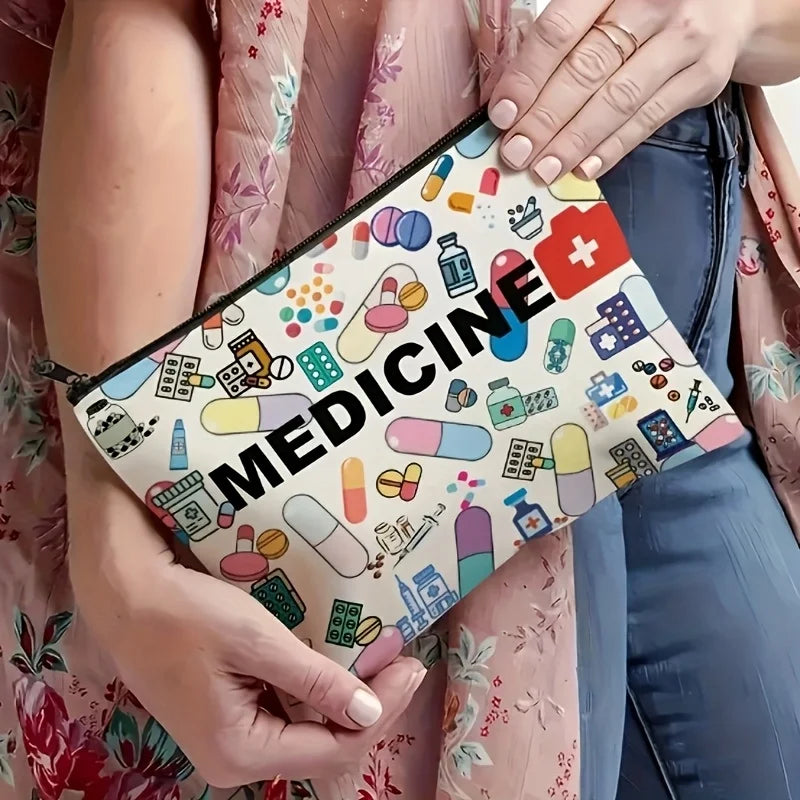 Medicine Themed Cosmetic Travel Bag Foldable Zippered Makeup