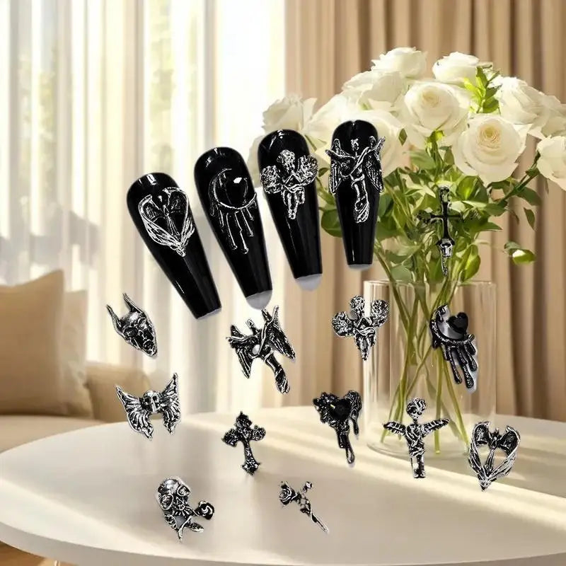 Y2K Cross & Skull Nail Art Charms – 12-Grid Metal Set