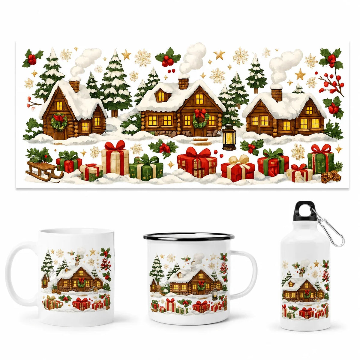 Christmas UV DTF Transfer Sticker | Snowy Cabin Cup Wrap Decal