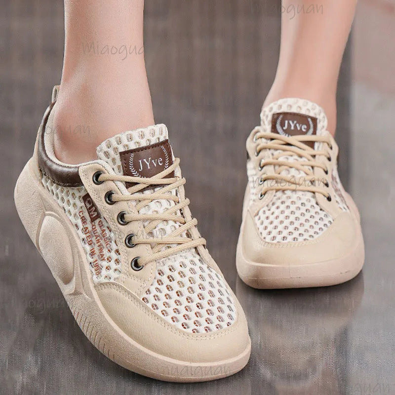 Women's Platform Mesh Sneakers – Breathable Lace-Up Casual Shoes