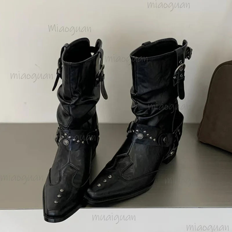 Women's Western Rivet Buckle Ankle Boots – Pointed Toe Heels