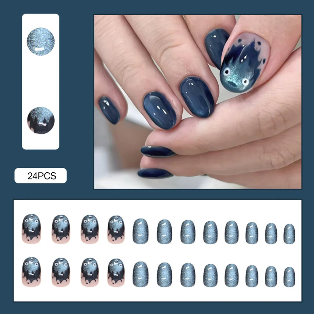 Blue Cat Eye Press On Nails – 24pcs Short Round Flower Tips