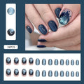 Blue Cat Eye Press On Nails – 24pcs Short Round Flower Tips