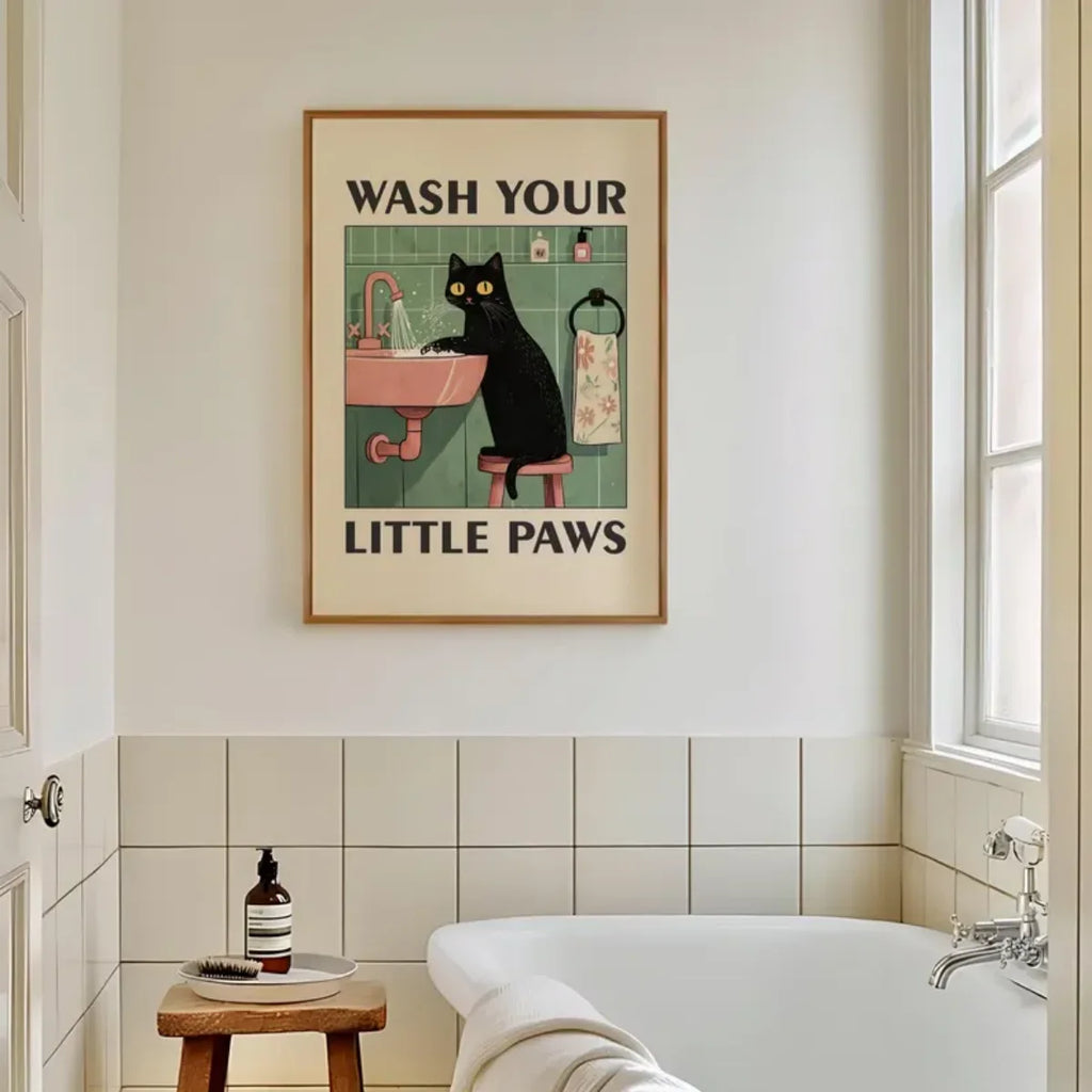 Funny Cat "Wash Your Paws" Canvas Wall Art | Bathroom Decor