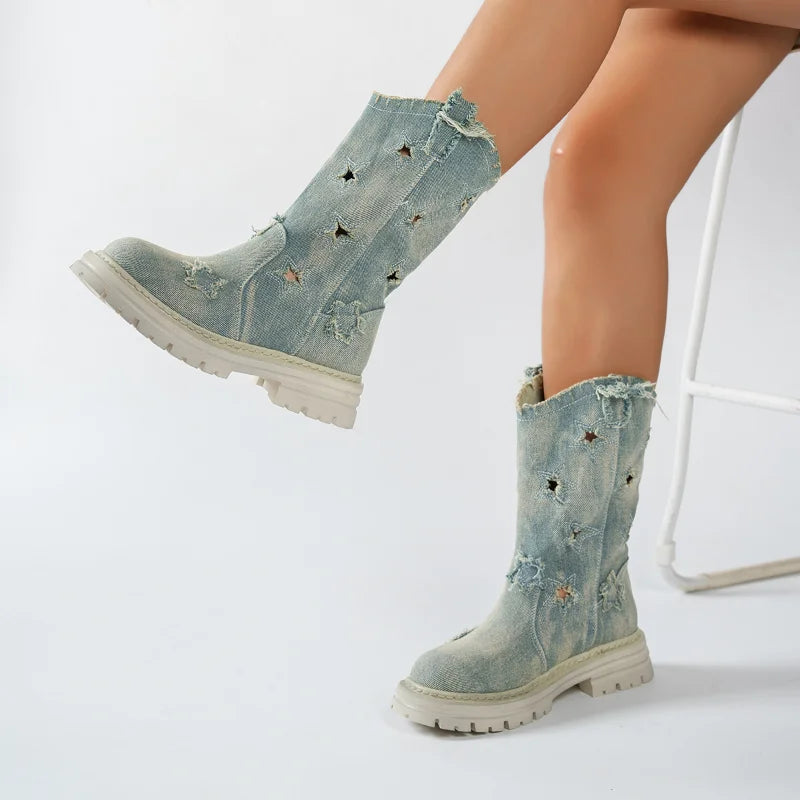Women's Denim Ankle Boots – Platform Square Heel Slip-On
