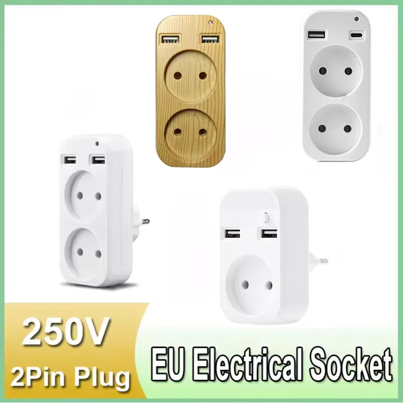 EU Plug Power Strip Adapter – 2 AC Outlets & 2 USB Ports, 1200W