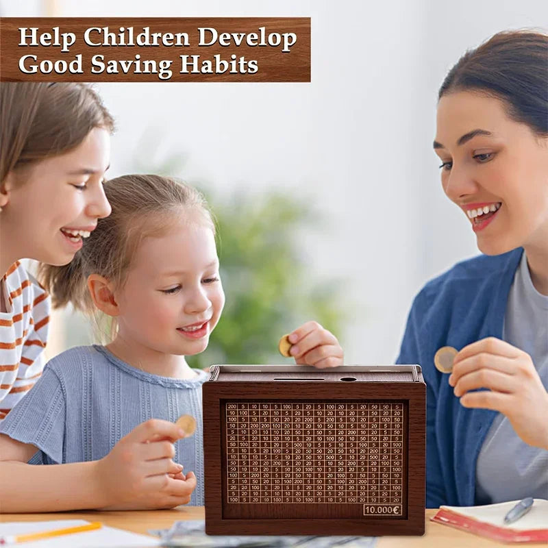 Wooden 10,000 Savings Challenge Piggy Bank Cash Box