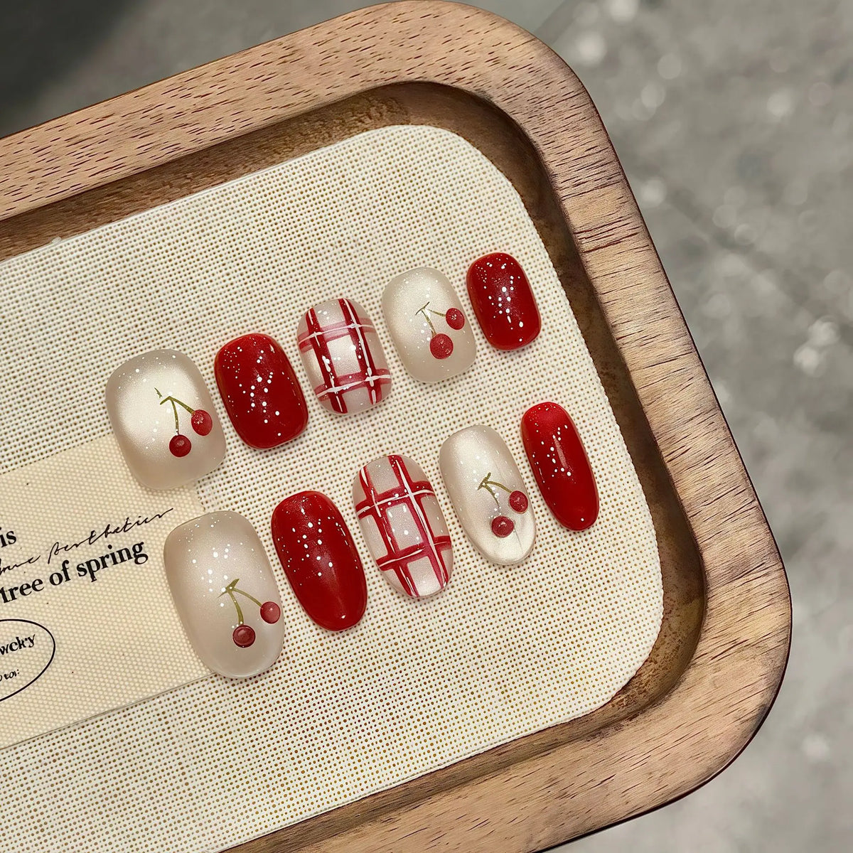 Handmade Red Cherry Glitter Cat Eye Press-On Nails | Short Round