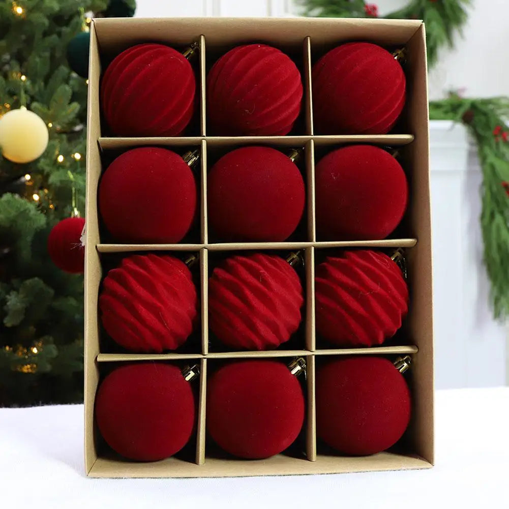 Velvet Flocked Christmas Ball Ornaments 12pcs – Green & Red