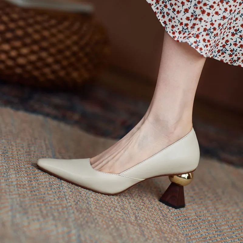 Women's Gold Ball High Heel Pumps | Pointed Toe Slip-On Shoes