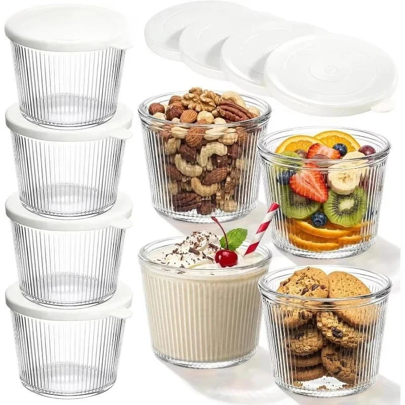 KEMORELA Glass Bowls with Lids – Stackable Striped Set