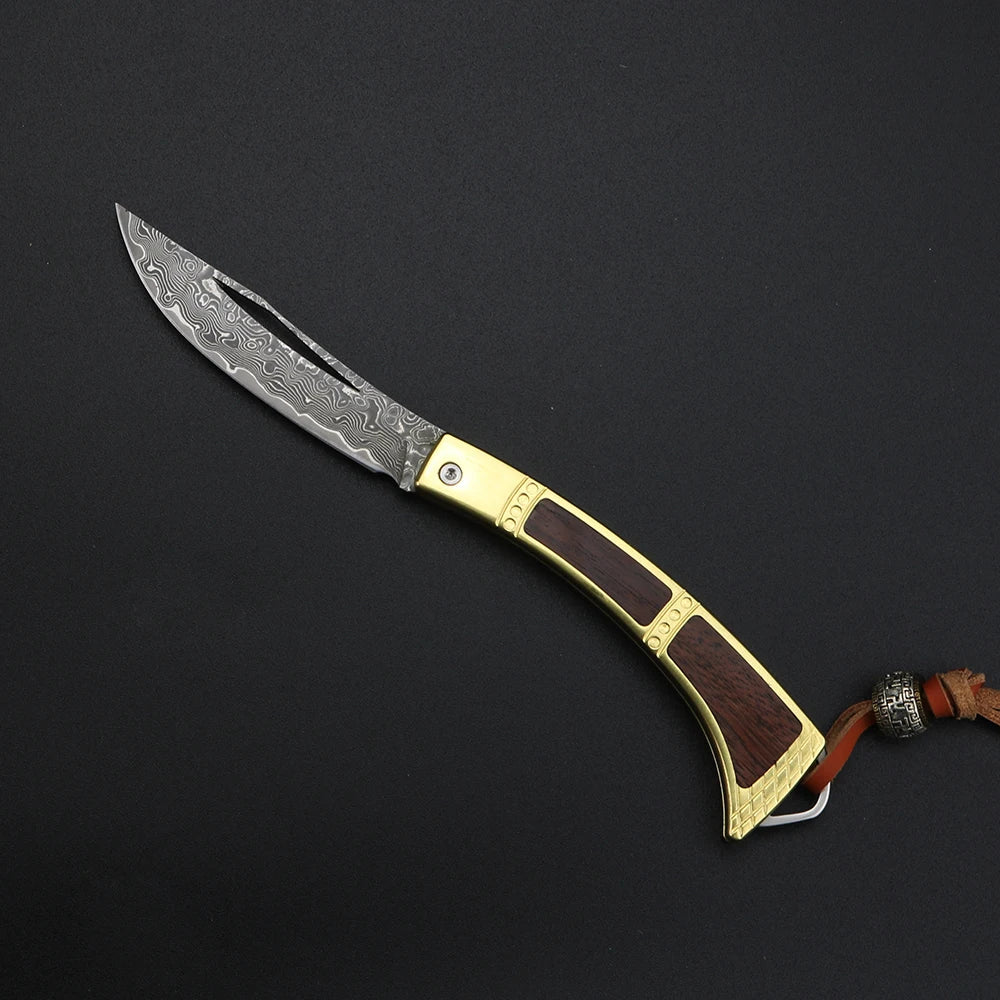 Damascus Steel Folding Pocket Knife – XUAN FENG Wood Handle