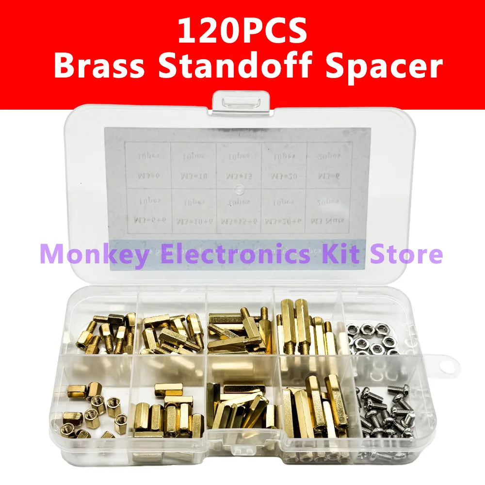 120pcs M3 Brass Standoff Spacer Kit – PCB Hex Pillar Screws & Nuts
