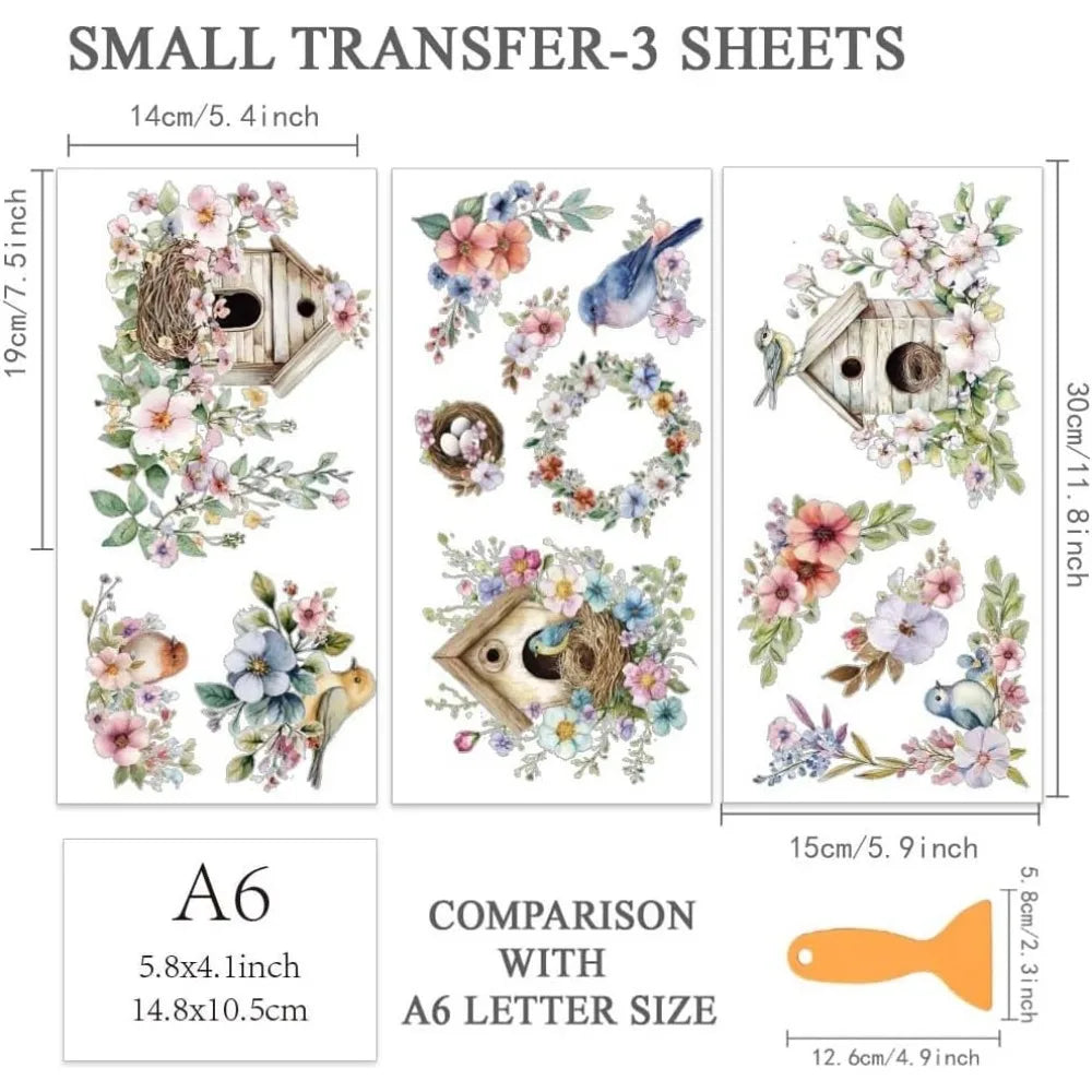 Bird Flower Rub-On Transfers for Furniture & Crafts – 3-Sheet Set