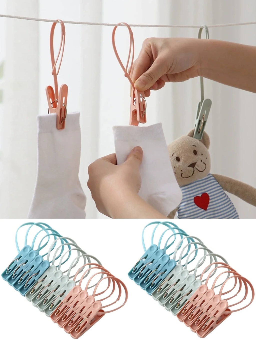 Windproof Clothes Pins with Rope – 12/24 Pack Multicolor