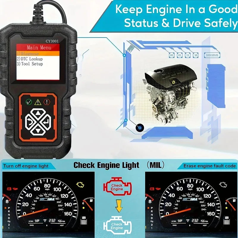 CY3001 OBD2 Scanner – Read & Erase Engine Fault Codes (Red)
