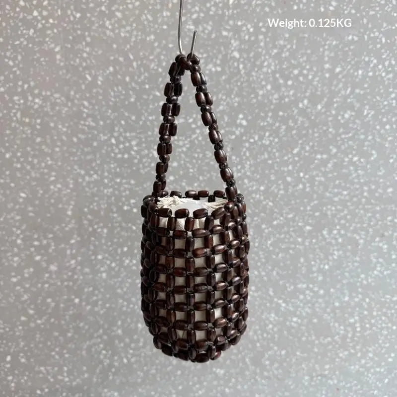 Handmade Wood Bead Mini Bucket Bag – Boho Wrist Purse
