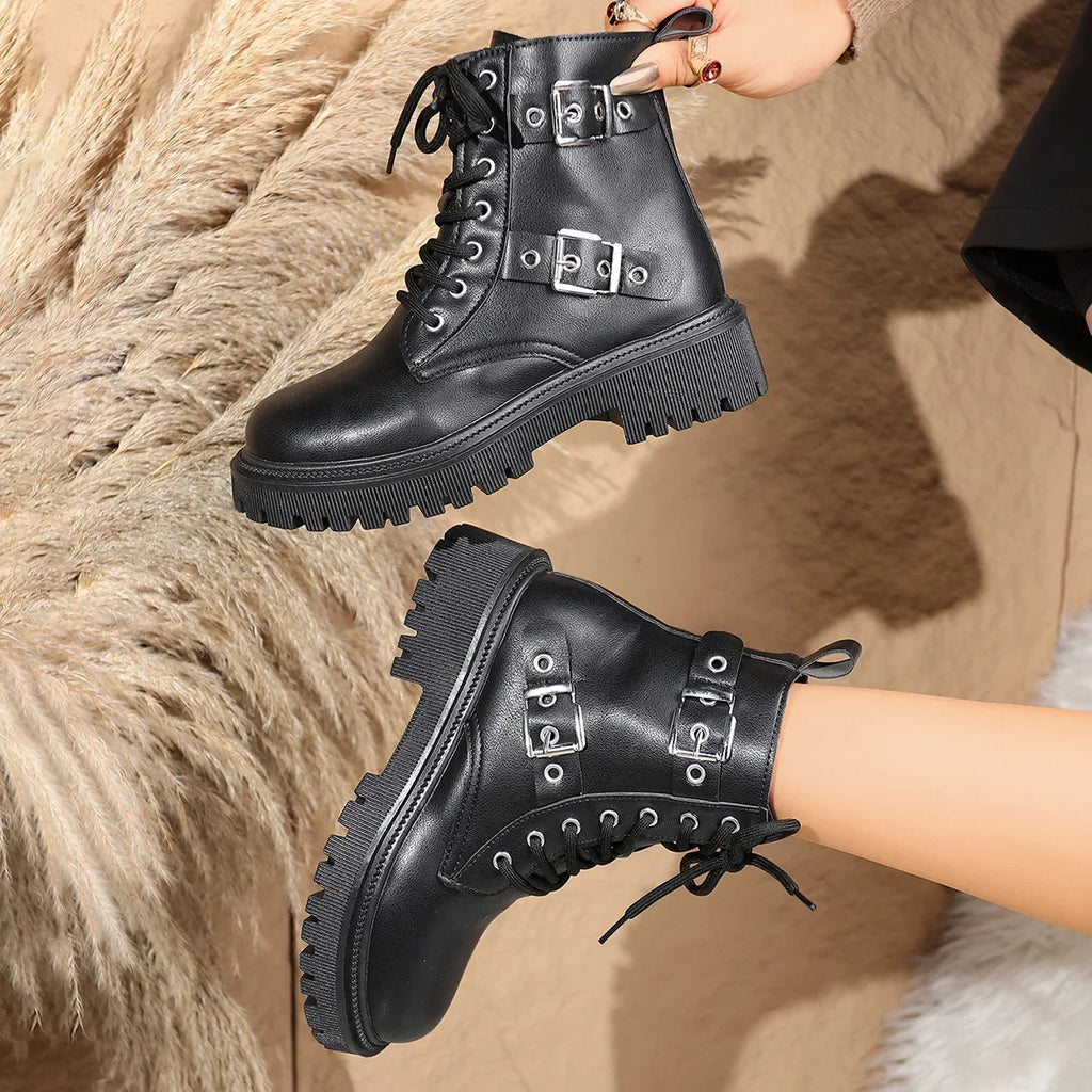 Women's Buckle Lace-Up Ankle Boots | PU Platform Booties